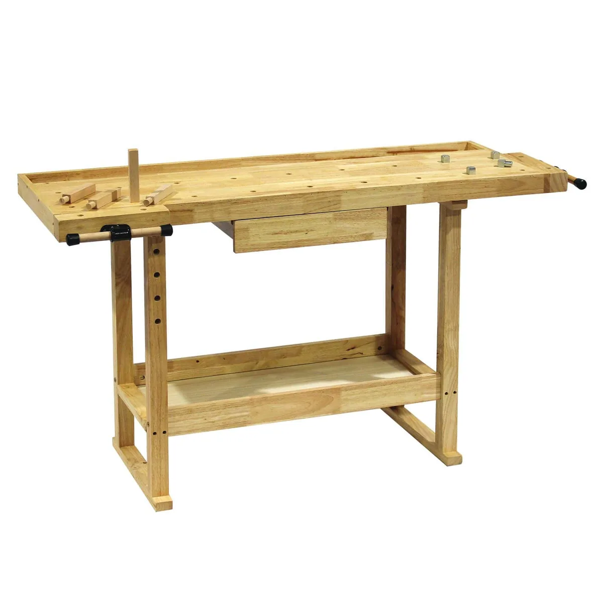 Hyvelbänk 145x49x86cm i trä med underhylla och skruvstäd – 62452E